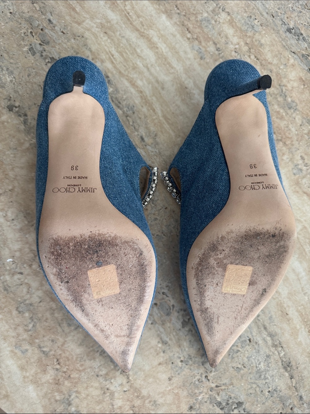 Jimmy Choo Bing 65 Blue Denim Pointed Mules with Crystal Strap - Picture 4 of 4